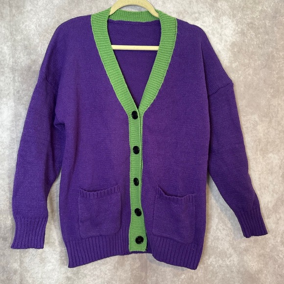 Unbranded Knit Button Up Cardigan Purple and‎ Neon Green Women's Size Medium - Picture 1 of 5